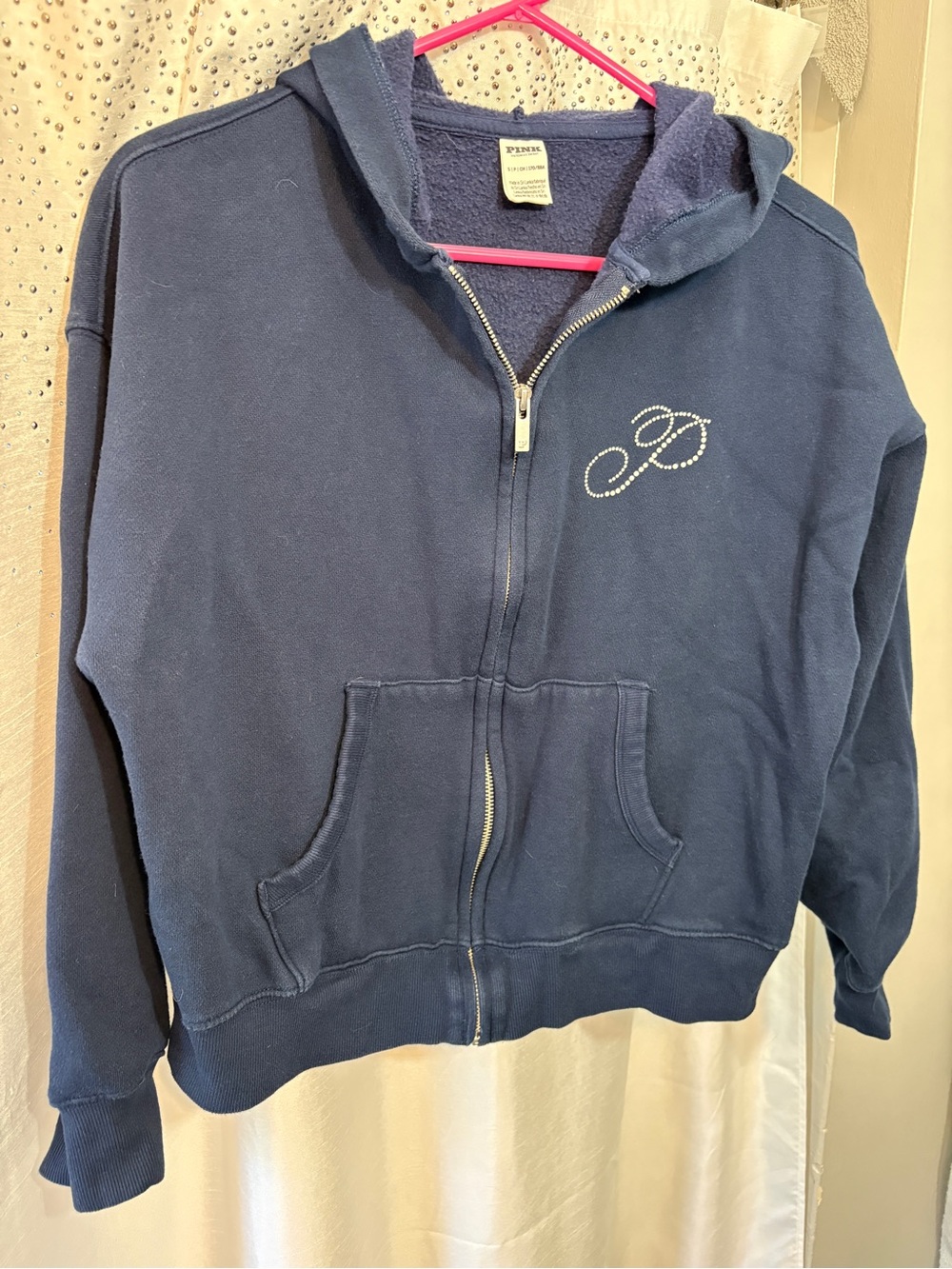 PINK Victoria's Secret Navy Blue Zip-Up Hoodie with Rhinestone P
